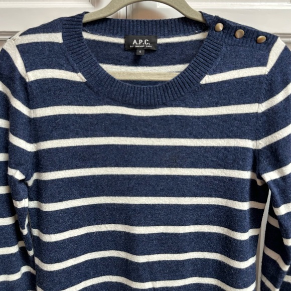A.P.C. Blue & White Striped Sweater Button Neck Cashmere & Wool Size Small - Picture 3 of 10